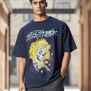 NEW Ed Hardy Mens XL T-shirt Beautiful Ghost Blonde Skull With Floral Accents